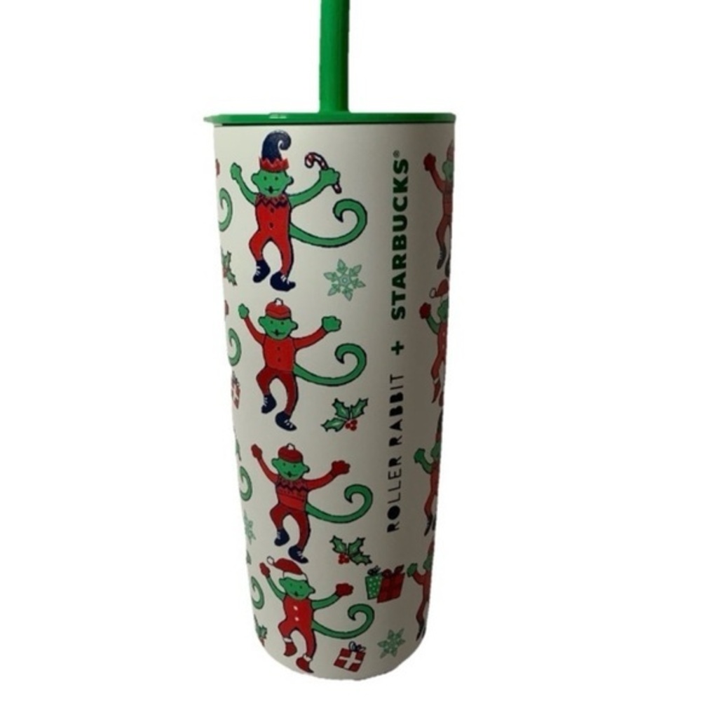 NWT. STARBUCKS X ROLLER RABBIT Monkey Holiday Tumbler with Green Straw